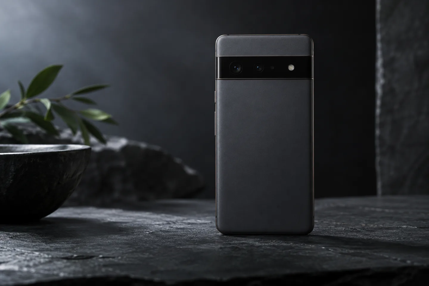 Smartphone mate de pie sobre una superficie de pizarra, visto por detrás