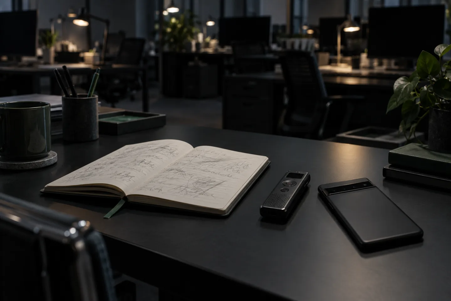 Móvil, libreta y grabadora sobre una mesa de redacción