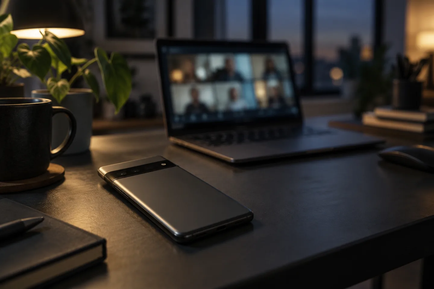 Móvil sobre la mesa frente a un portátil con una videollamada desenfocada